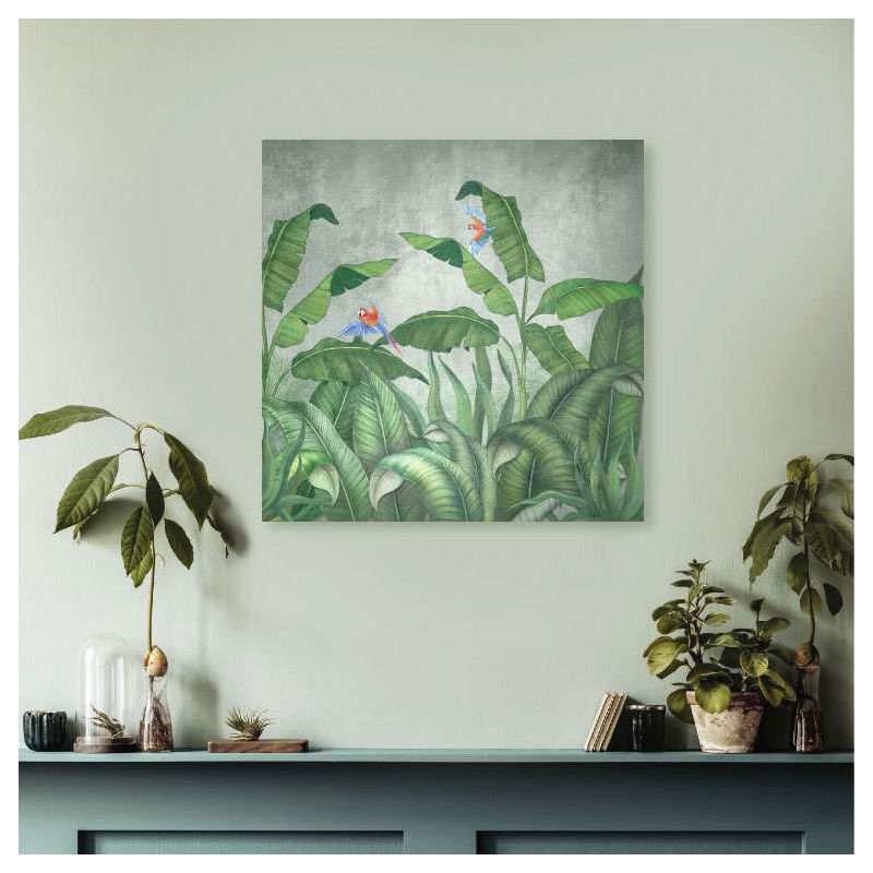 Tableau tropical au style illustré avec oiseaux et palmiers