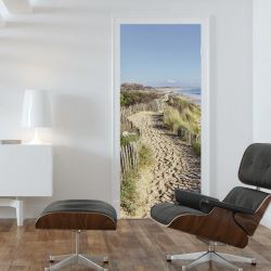 Déco à coller sur une porte : paysage trompe l'oeil plage