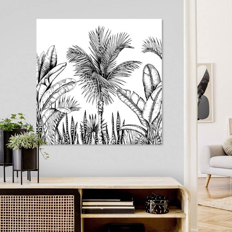 Black and white jungle canvas print with graphic atmosphere - Scenolia