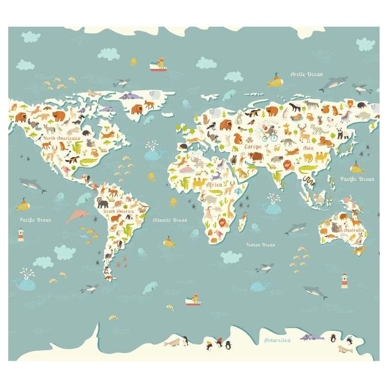 ANIMALS OF THE WORLD panoramic wallpaper - World map wallpaper