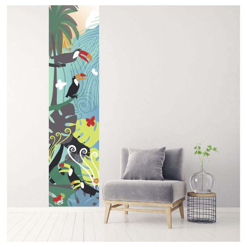 Lé de tapisserie déco chambre d'enfant colorée toucans dans la jungle