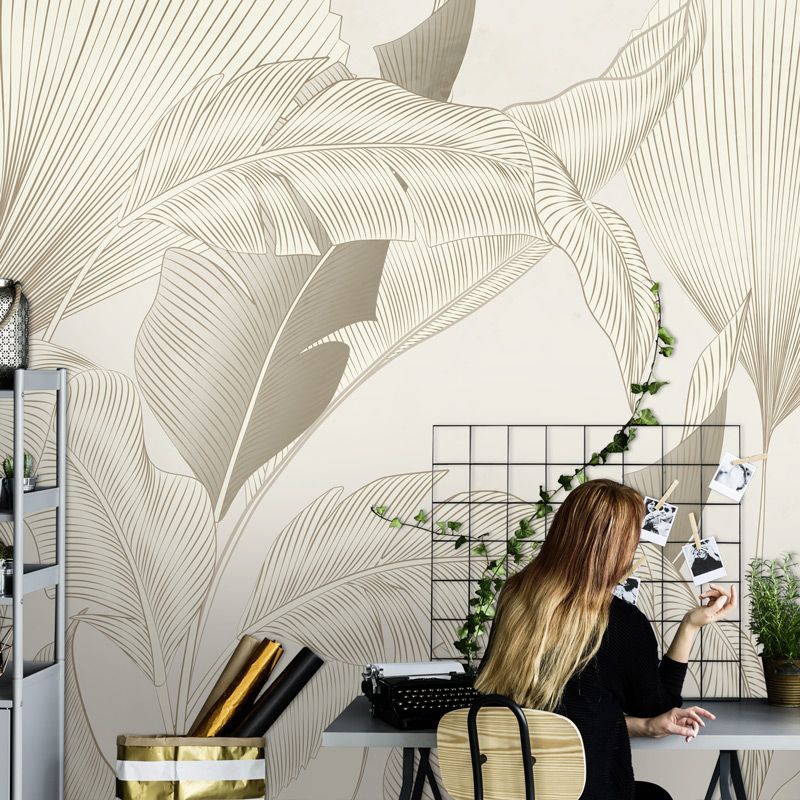 Tapisserie feuillage beige pour bureau