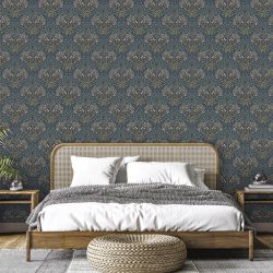 Papier peint fond bleu marine à fleurs pour chambre parentale