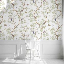 Papier peint motif nature : fleurs, oiseaux et papillons