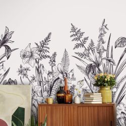 Papier peint fleurs noir et blanc pour séjour moderne 