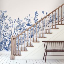Papier peint fleurs dessinées bleues