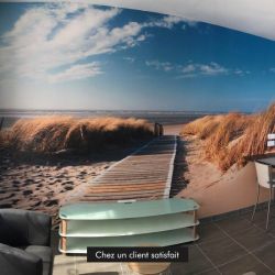 Papier peint panoramique photo plage réaliste en trompe l'oeil, chez un client