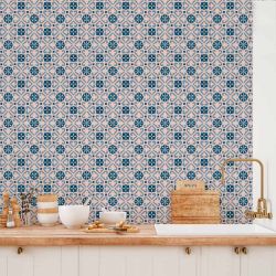 Tapisserie cuisine motif carreaux de carrelage bleu en trompe l'oeil