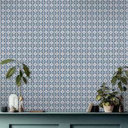Papier peint motif floral bleu effet carreaux de ciment