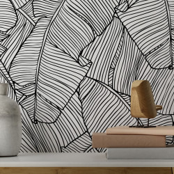 Tapisserie murale motif feuillage noir et blanc