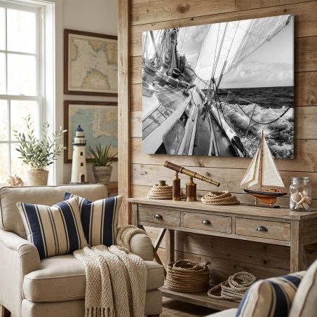 Tableau mer bateau en noir et blanc