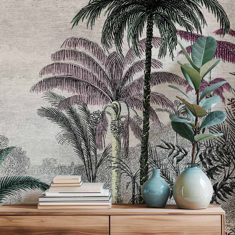 Papier peint oliviers et palmiers au style gravure vintage