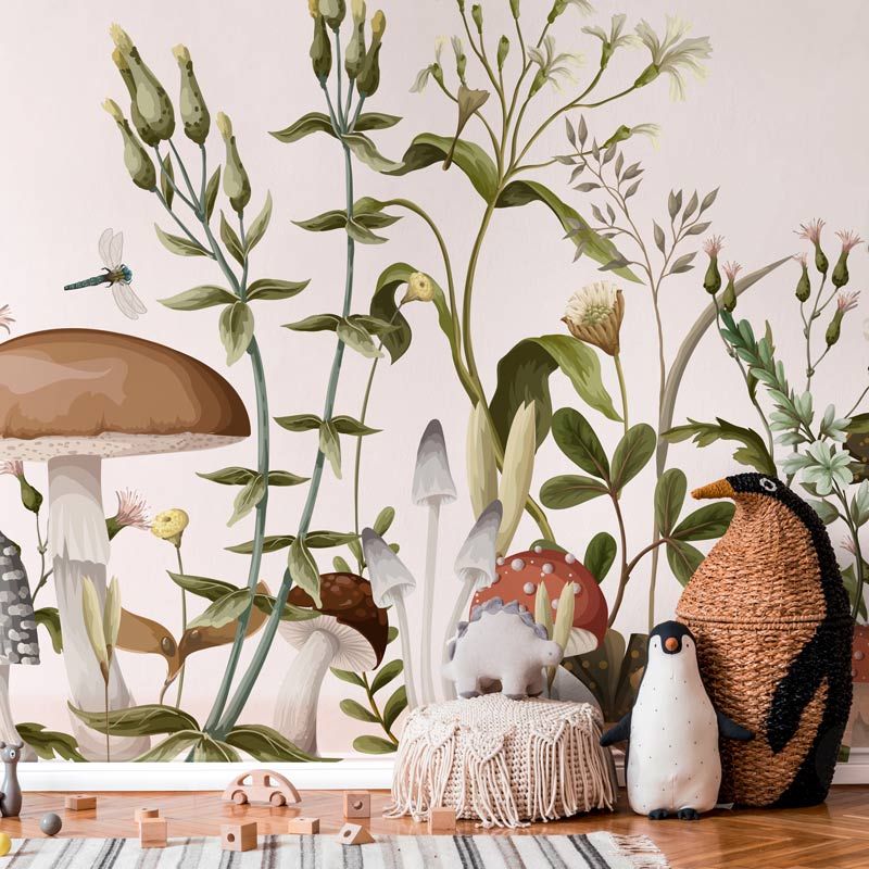 Papier peint champignons et fleurs