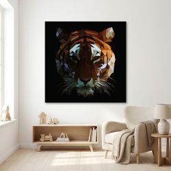 Tableau carré tigre origami sur fond noir, motifs géométriques colorés