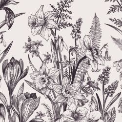 Zoom détails tapisserie murale fleurs au trait