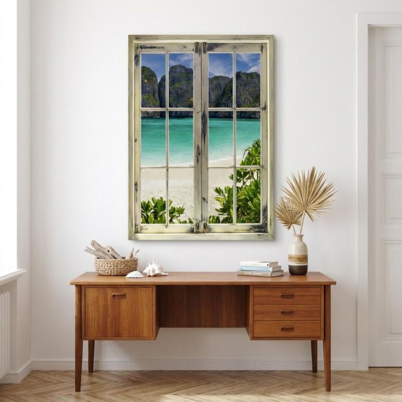 Tableau fenetre realiste montrant plage turquoise et falaises karstiques en Thailande