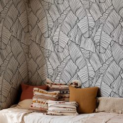 Papier peint chambre motif feuillage jungle en noir et blanc