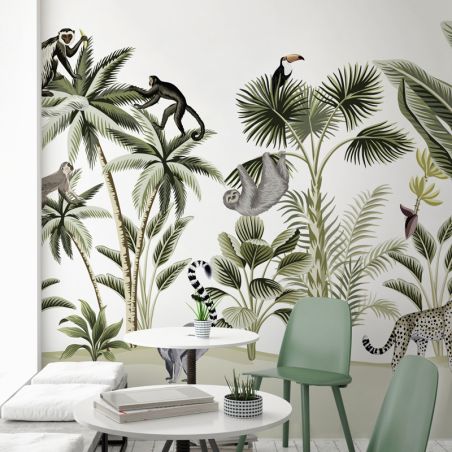Tapisserie murale illustration jungle avec animaux 