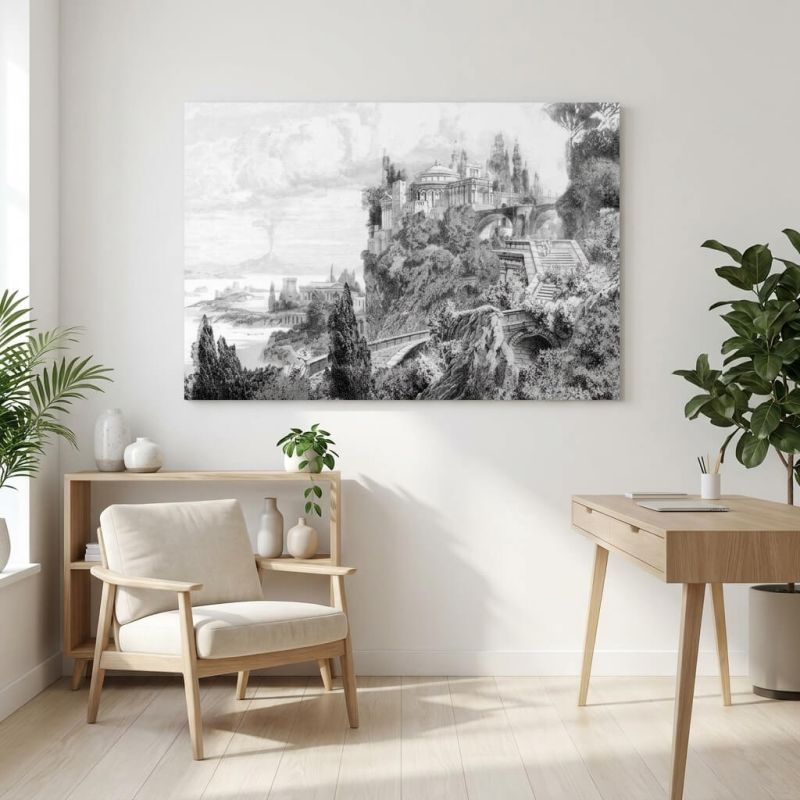 Tableau gravure noir et blanc montrant un temple romain surplombe par des rochers et un paysage, decor mural dans un salon lumin