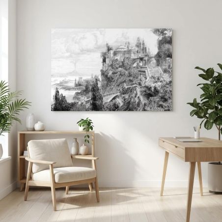 Tableau gravure noir et blanc montrant un temple romain surplombe par des rochers et un paysage, decor mural dans un salon lumin