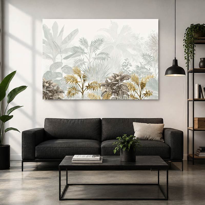 Tableau XXL salon feuilles et arbres tropical beige et gris