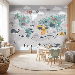 Papier peint salle de jeux enfant avec une mappemonde colorée et animalière