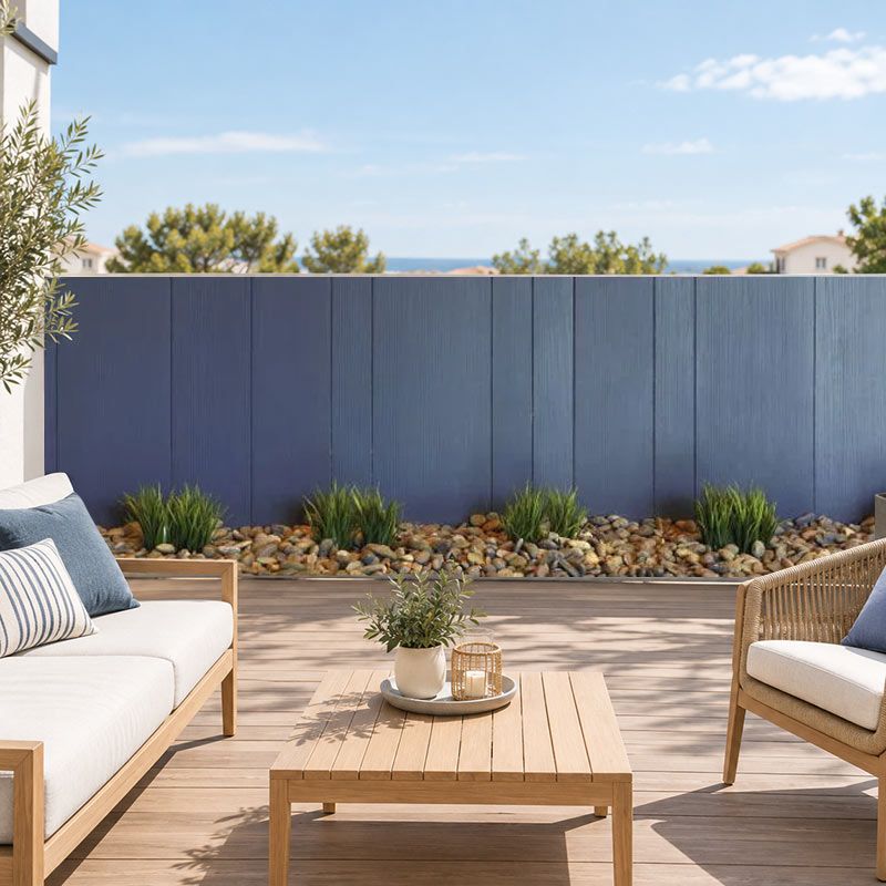 Brise vue terrasse trompe l'oeil palissade en bois bleu