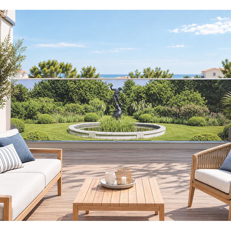 Brise vue terrasse imprimé jardin et fontaine