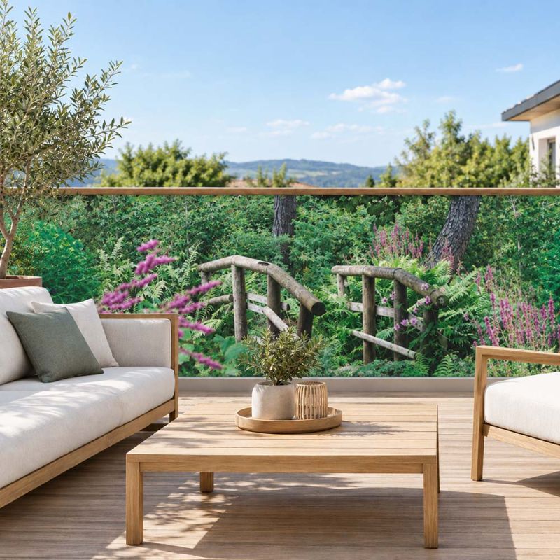 Terrasse avec brise vue jardin luxuriant