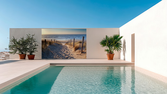 Brise vue piscine deco trompe l'oeil