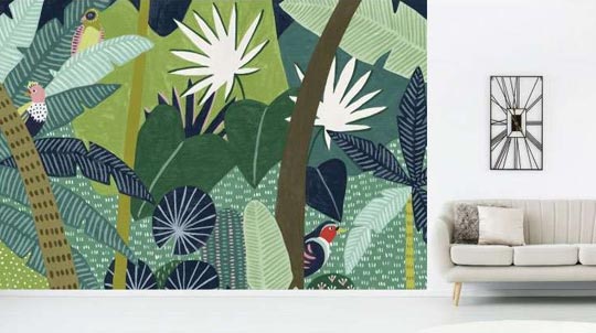 Papier peint jungle illustration palmier et feuillage géant