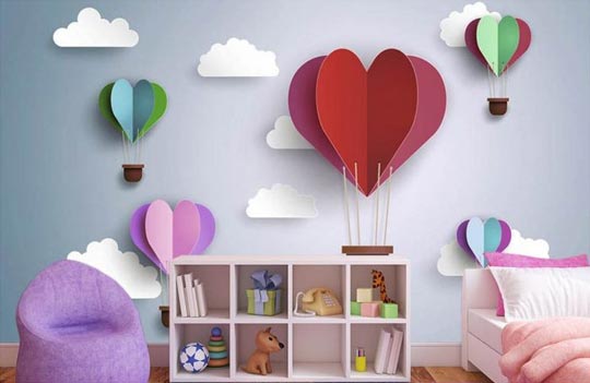 Papier peint fille illustration chambre avec des montgolfières