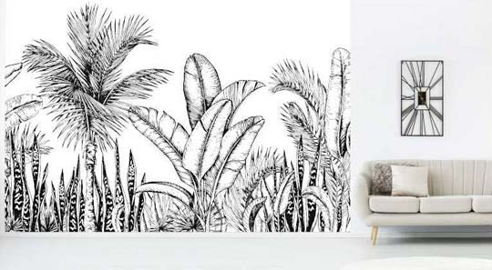 Papel pintado panorámico de la selva en blanco y negro