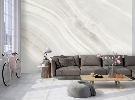 Papier peint panoramique beige et blanc effet marbre