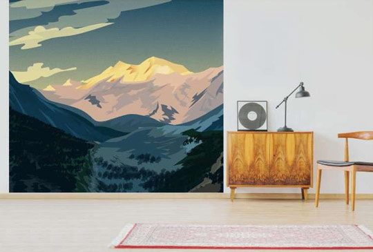 Papier peint montagne alpage en dessin