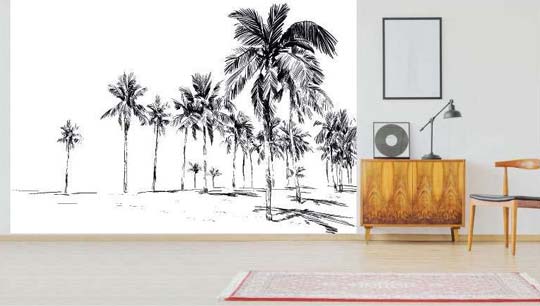 Papier peint panoramique noir et blanc palmeraie déco de salon