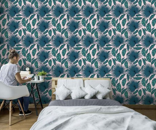 Papier peint tête de lit panoramique motif feuillage bleu