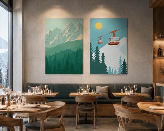 Décoration d'un restaurant avec deux tableaux style montagne