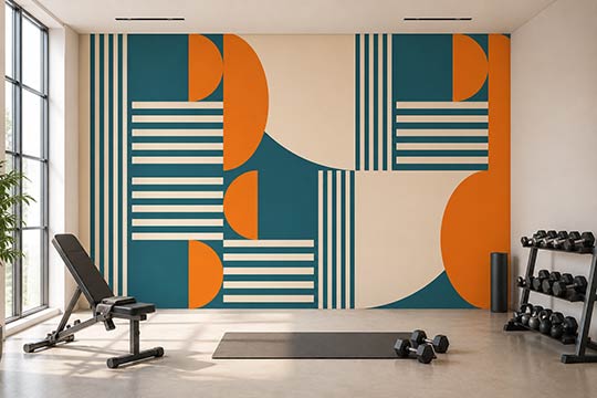 Décoration d'une salle de sport avec un papier peint géométrique