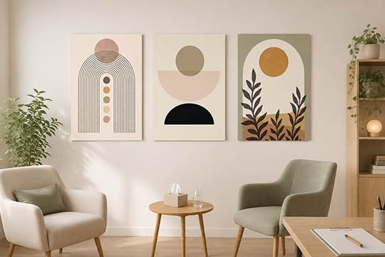 Décoration d'un cabinet avec trois tableaux