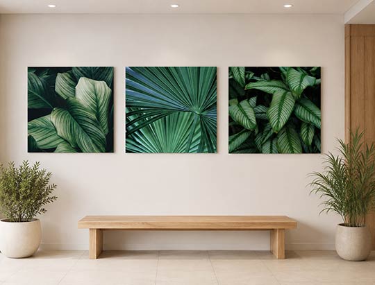 Déco d'un hall d'accueil avec trois tableaux tendances
