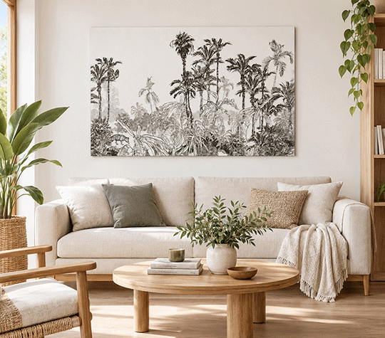 Tableau mural salon tendance au-dessus du canapé