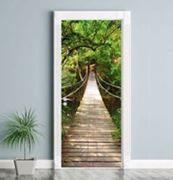 Poster de porte jungle trompe l'oeil pont suspendu